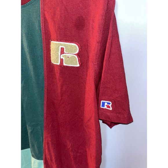 Russell Athletic Color Block T-Shirt Burgundy Green Gold Patch Logo Mens Large - Picture 2 of 5
